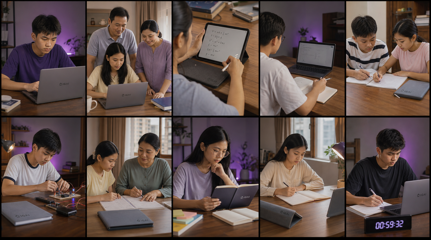 A montage of Myanmar students and families using focused digital study tools at home